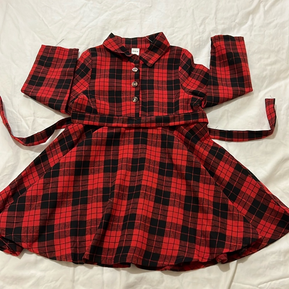 Red and black plaid Christmas holiday dress, girls size 130 from SHEIN.